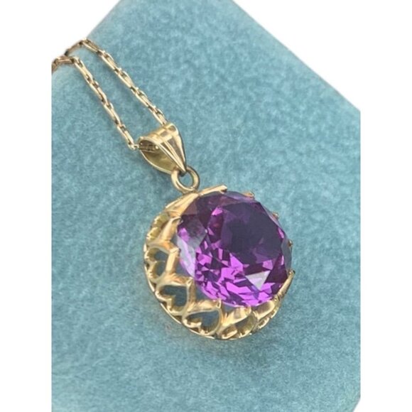 14k Yellow Gold Synthetic Amethyst Pendant Vintage Jewelry Heart Filigree Settin